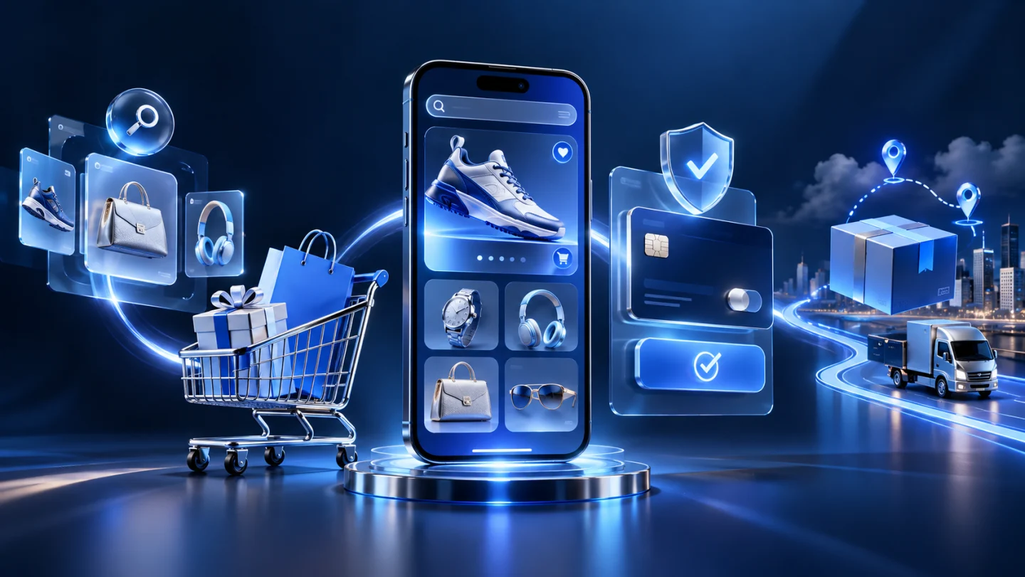 Premium mobile commerce experience with products, cart, secure payment, and delivery tracking