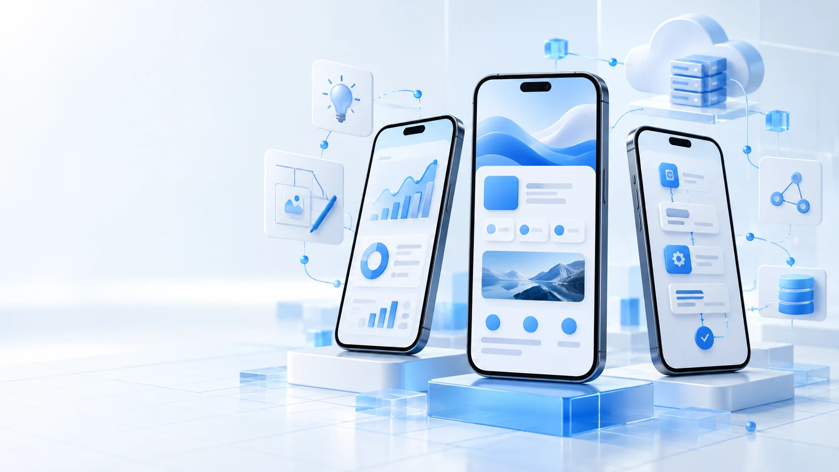 Three custom mobile applications connected to planning, analytics, cloud, and workflow services