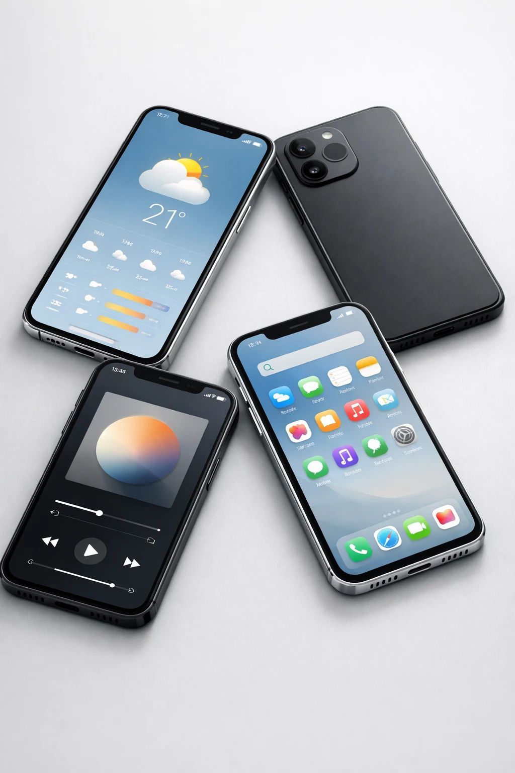 Smartphone product shot displaying clean app UI screens on a neutral background