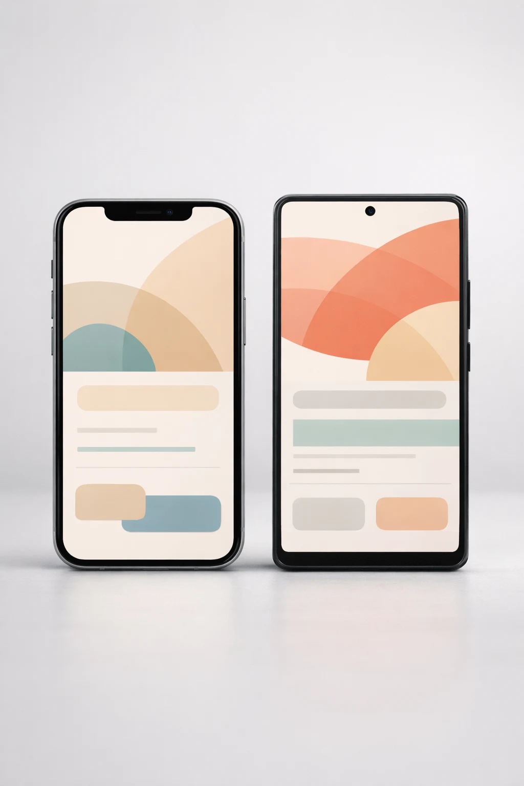 Two modern smartphones side-by-side showing clean abstract app UI mockups on a neutral background