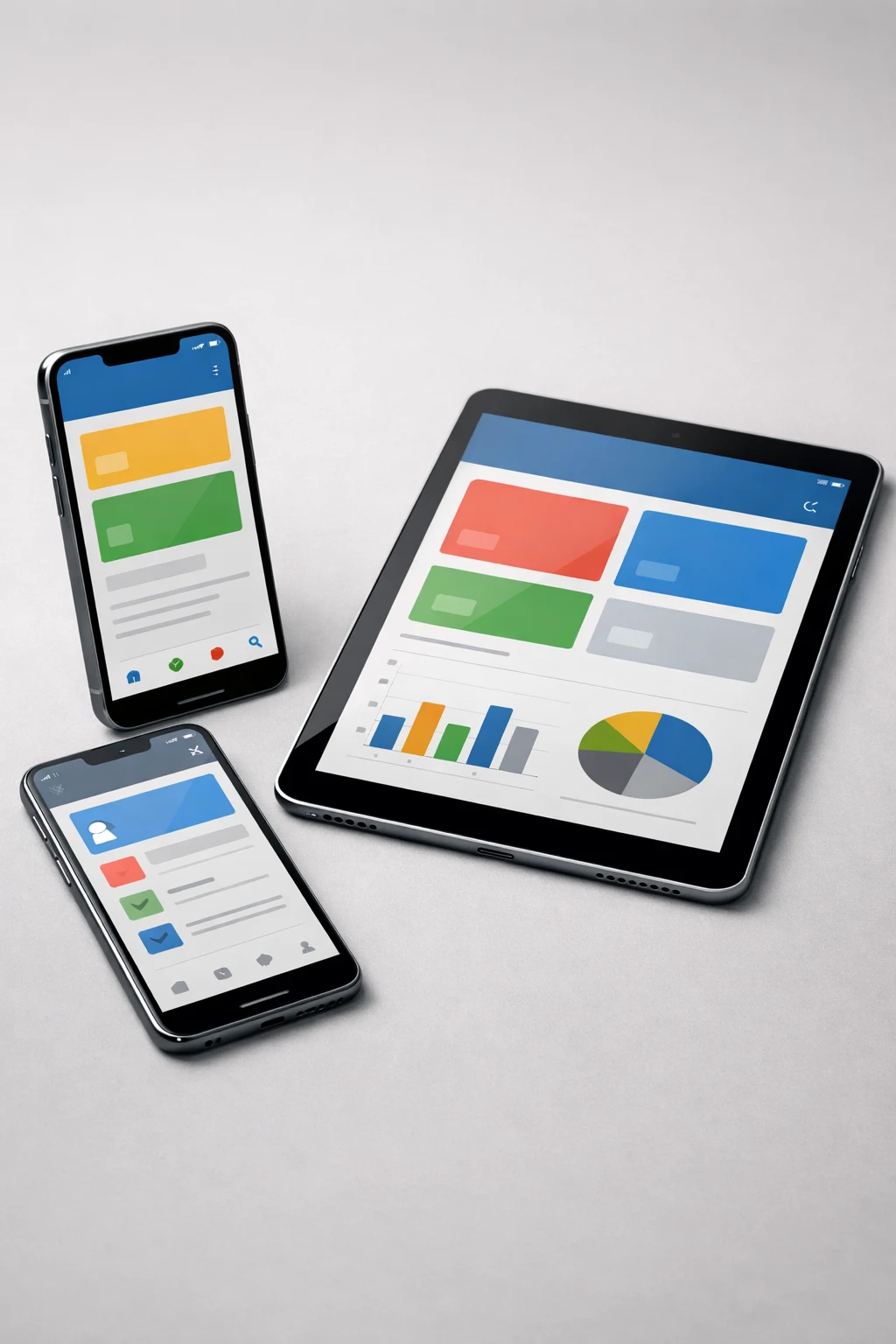 Two modern smartphones and a tablet with clean app UI mockups on a neutral background