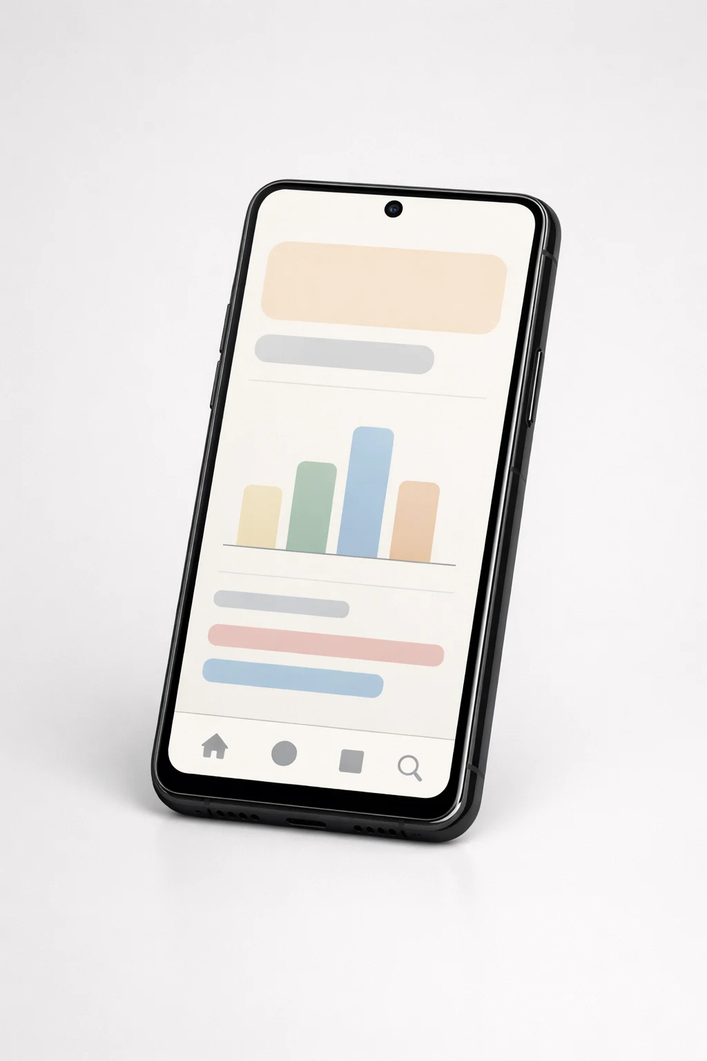 Smartphone on neutral background showing a clean, minimal app UI mockup