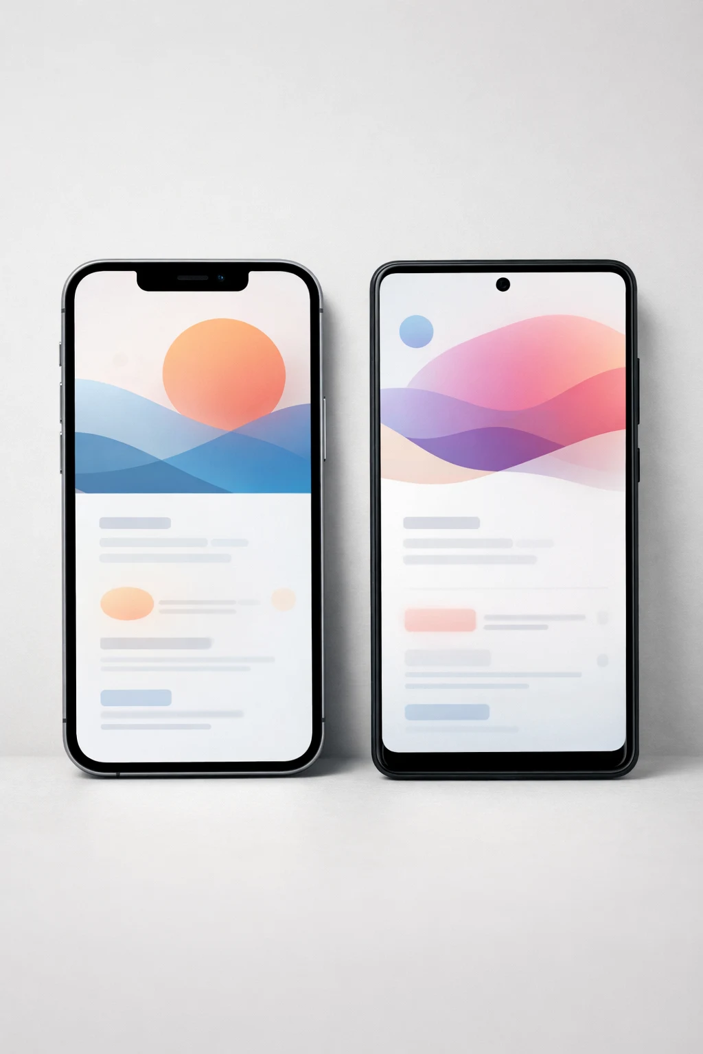 Two modern smartphones side by side showing a clean app UI mockup on a neutral background.