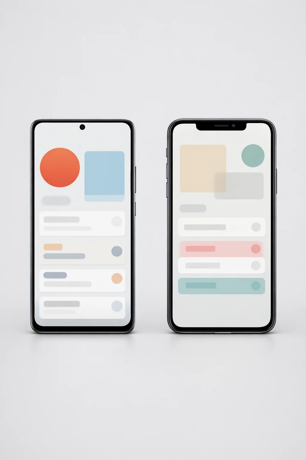 Two modern smartphones showing a clean abstract app UI on a neutral background