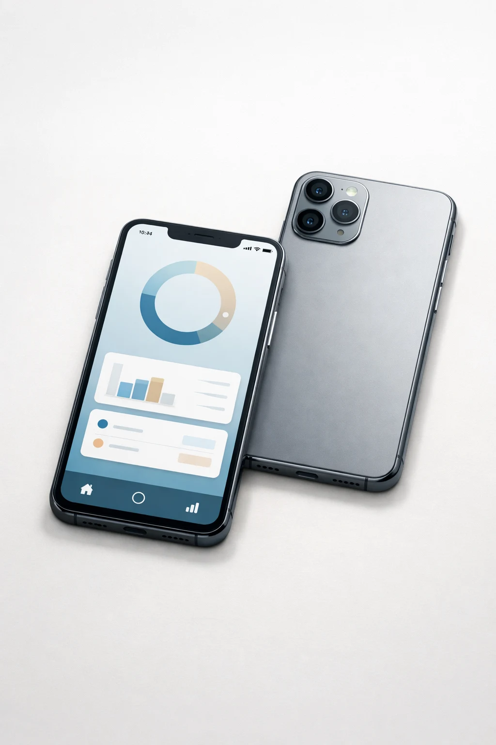 Two modern smartphones on a neutral background showing a clean app UI mockup